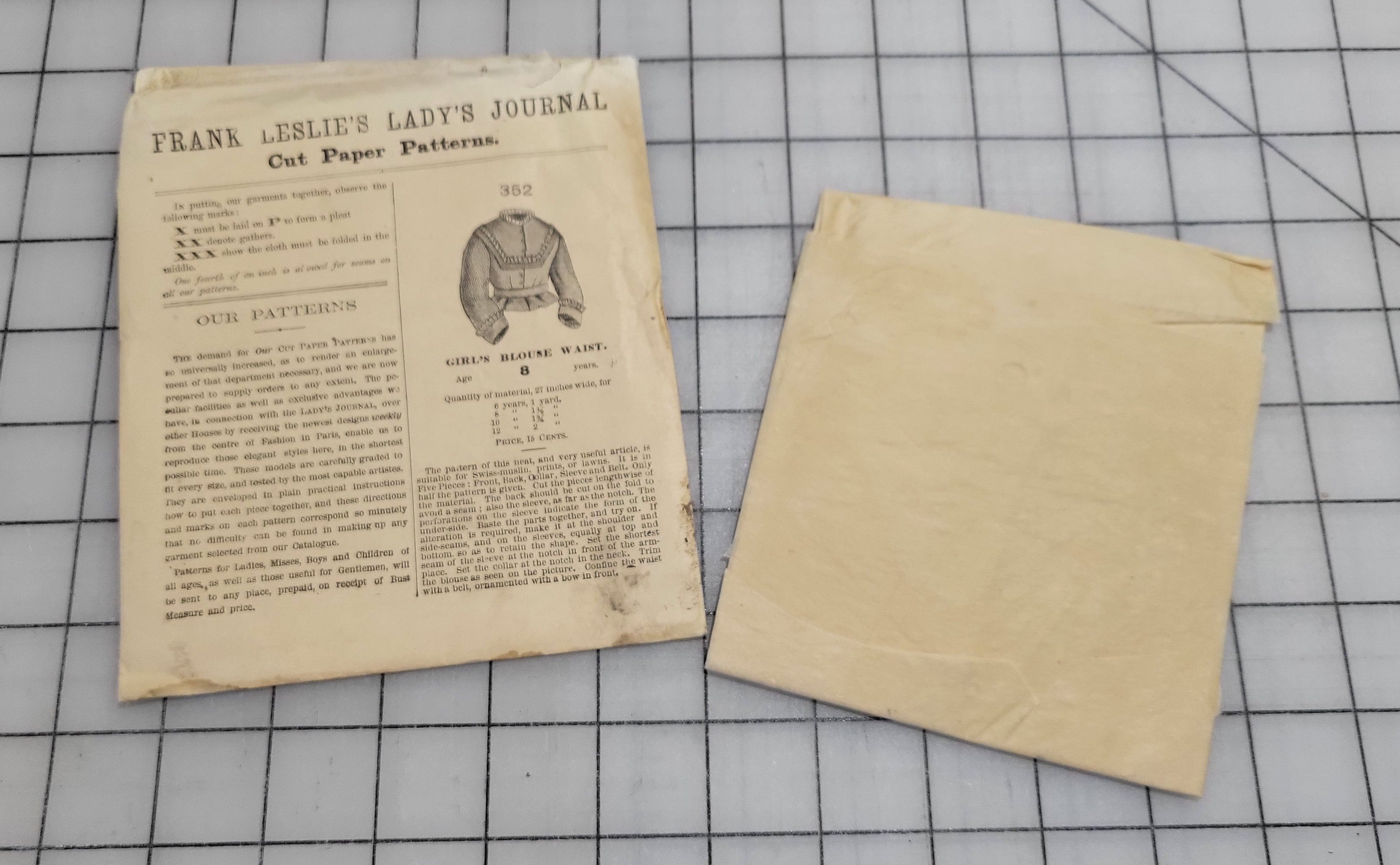 Frank Leslie's Lady's Journal Cut Paper Pattern #352 1870s Girl's Blouse Size 8