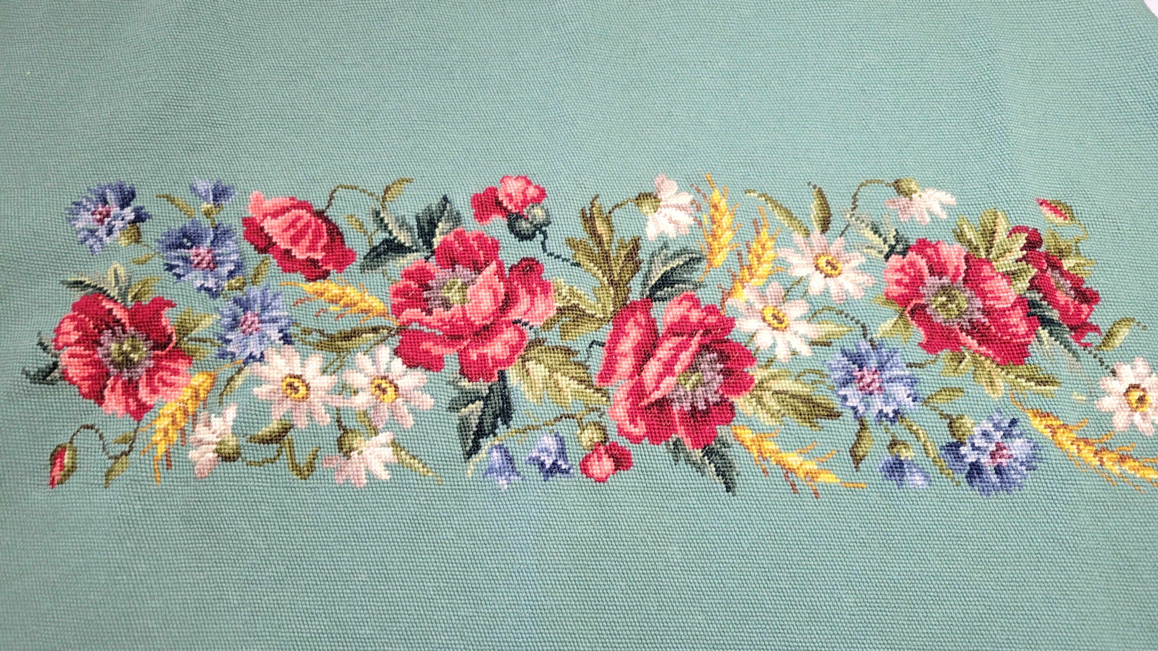 Vintage Textile Needlepoint Seat Cover Unblocked Blue Floral 44"x21.5"