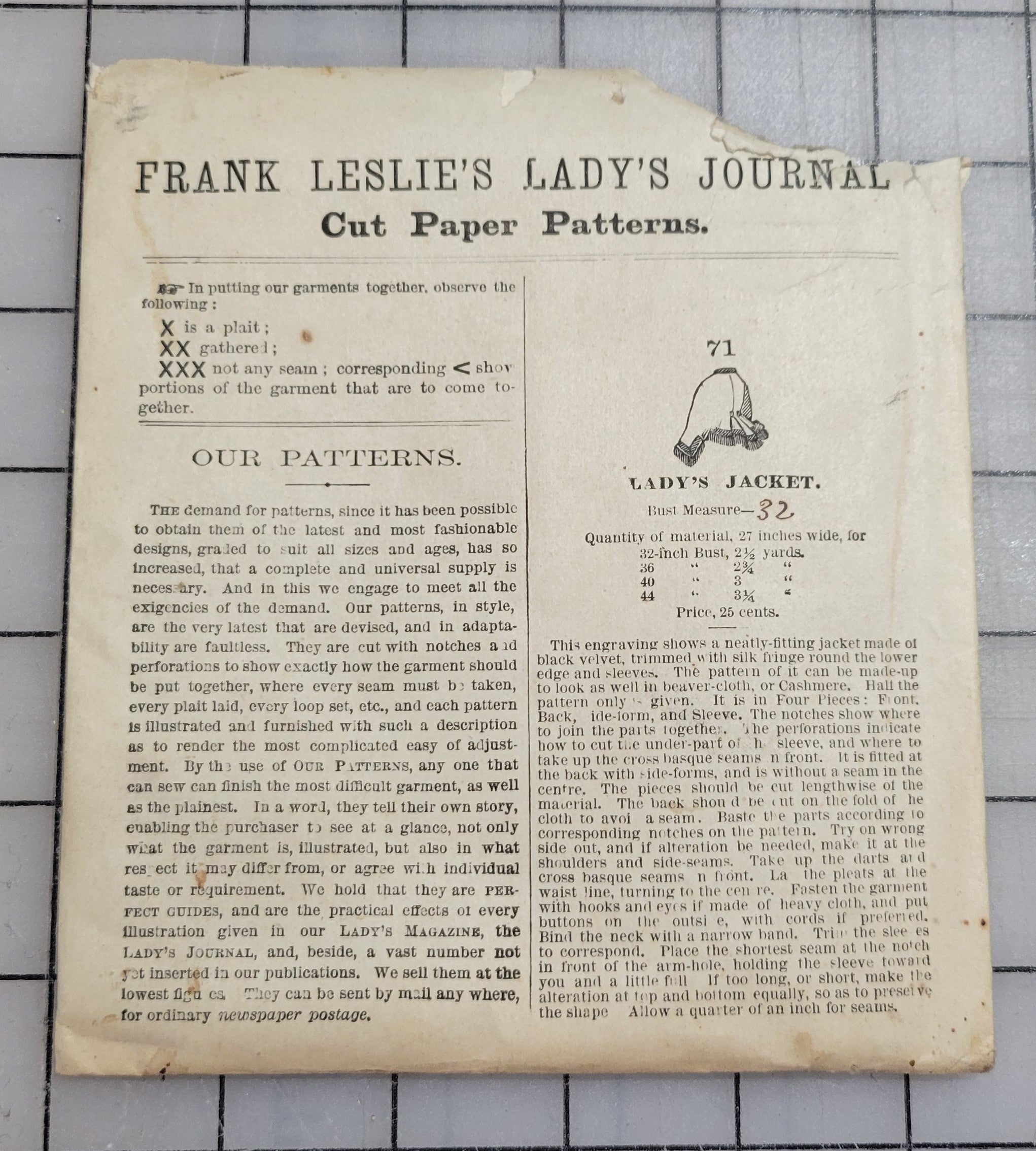 Frank Leslies Ladys Journal Cut Paper Pattern #71 1870s Ladys Jacket Size 32