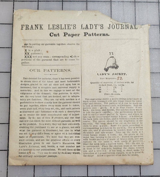 Frank Leslies Ladys Journal Cut Paper Pattern #71 1870s Ladys Jacket Size 32