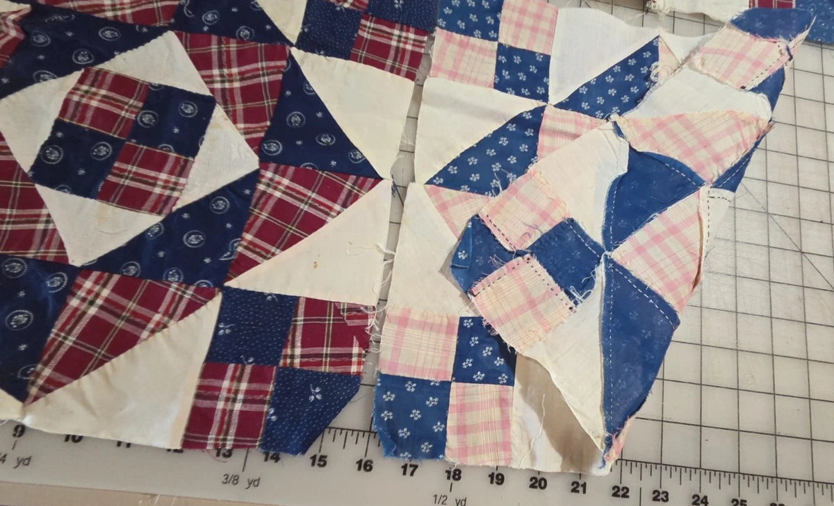 8 Vintage Patch Quilt Blocks Unfinished Squares. 1900s - 1930s Red Blue Brown
