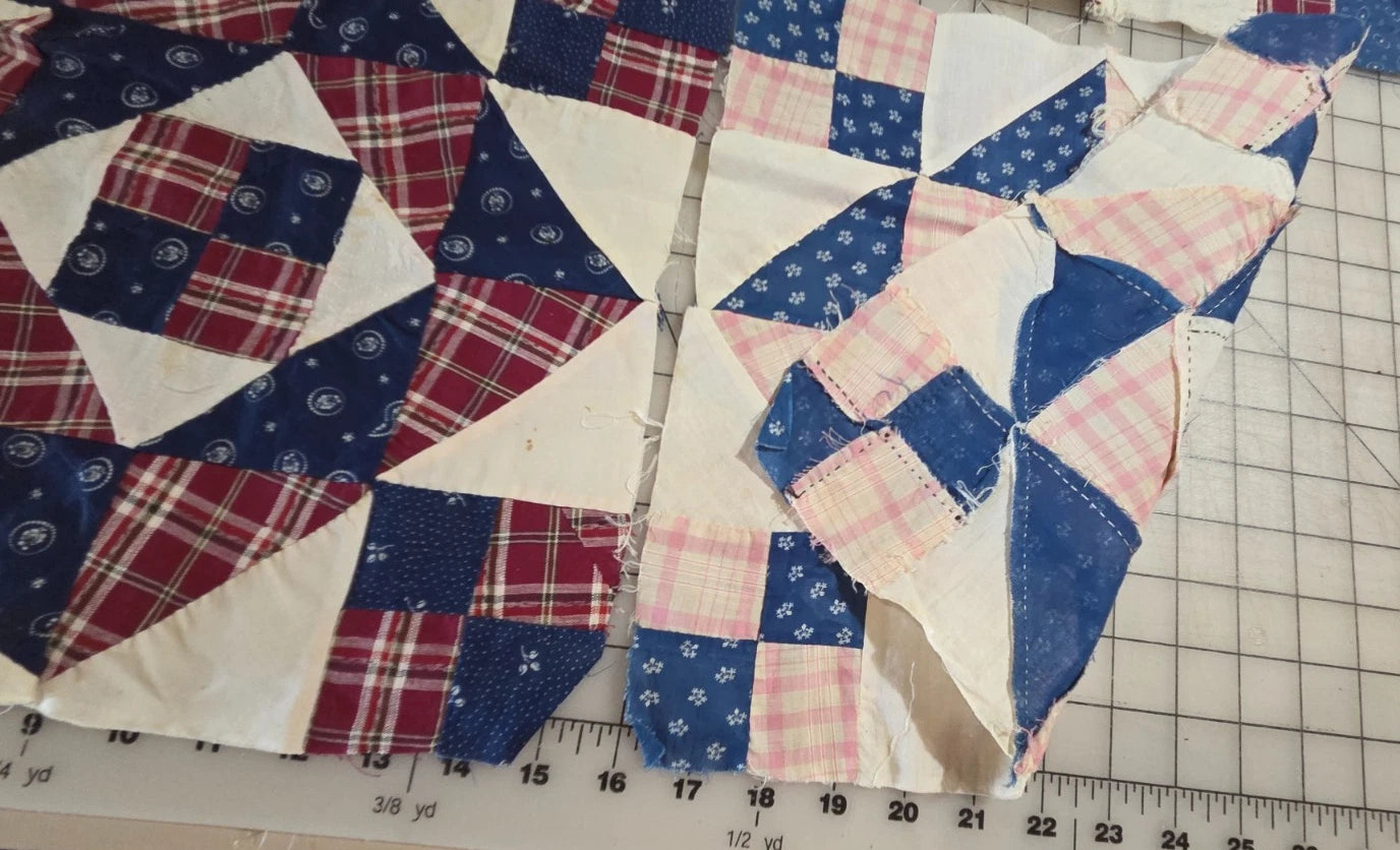8 Vintage Patch Quilt Blocks Unfinished Squares. 1900s - 1930s Red Blue Brown
