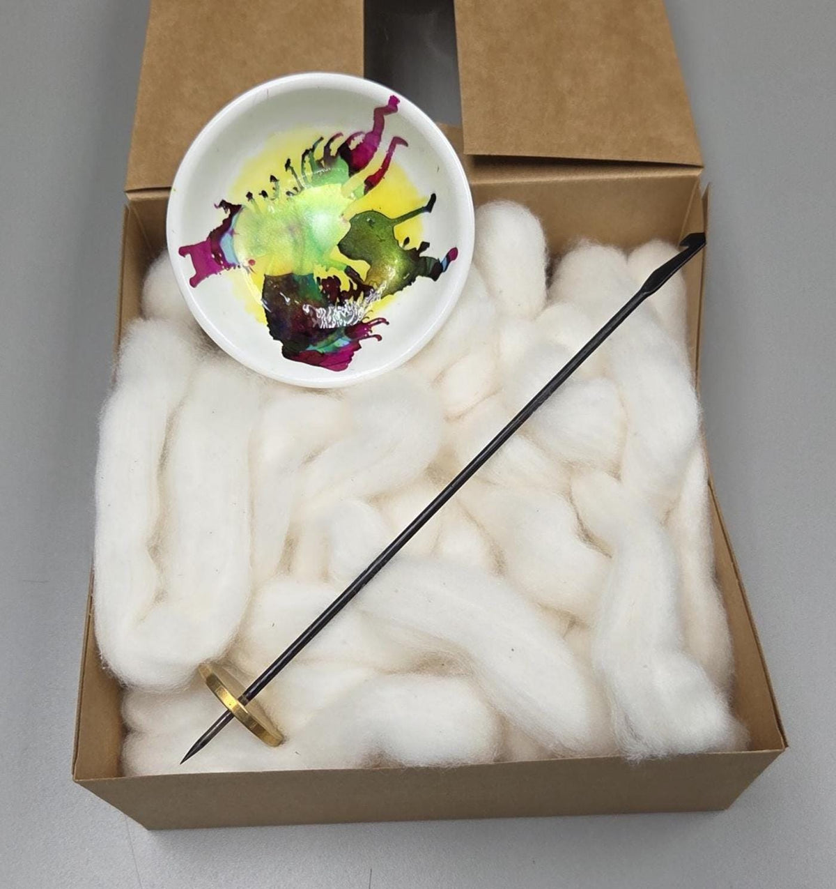 Cotton Fiber Kit. Natural Upland Cotton. Hand-Painted Porcelain Support Bowl and Brass Tahkli Spindle. (SK62)