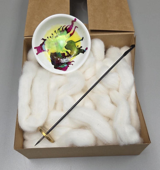 Cotton Fiber Kit. Natural Upland Cotton. Hand-Painted Porcelain Support Bowl and Brass Tahkli Spindle. (SK62)
