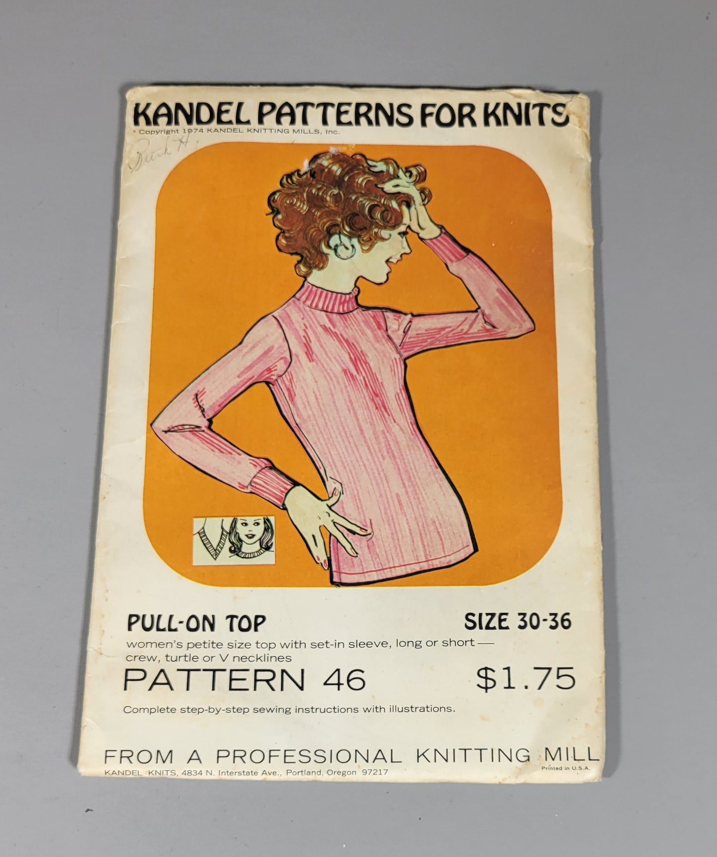 Kandel Patterns for Knits, ca 1974 from Kandel Knitting Mill, Inc of Portland, Oregon. Pattern #46, Pull-on Top Size 30-36.