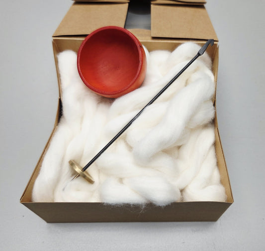 Spin Cotton Fiber Kit. Painted Orange Wood Support Bowl & Brass Thakli Spindle.