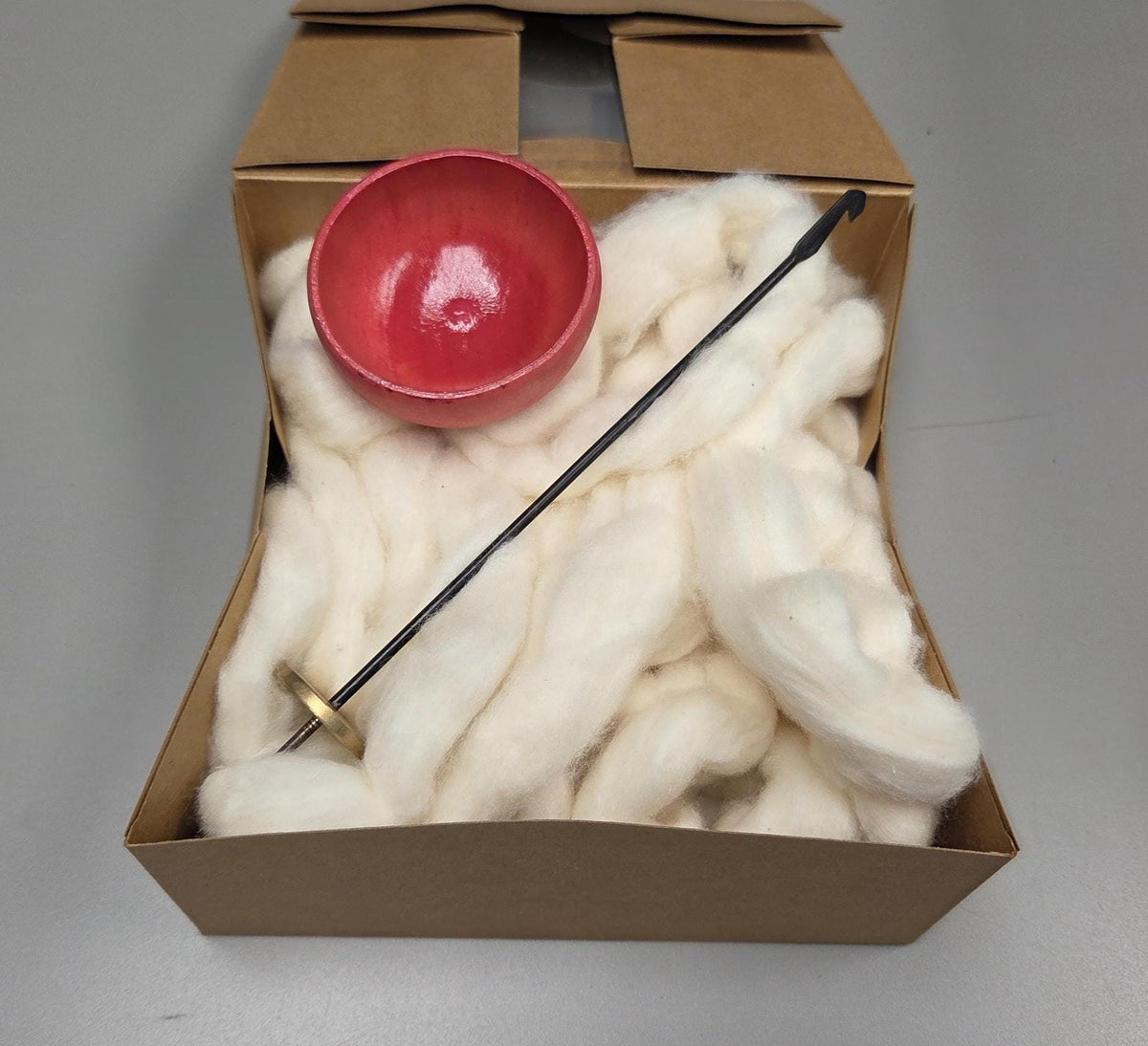 Spin Cotton Fiber Kit. Painted Wood Support Bowl & Brass Thakli Spindle. Pink Red (Salmon)
