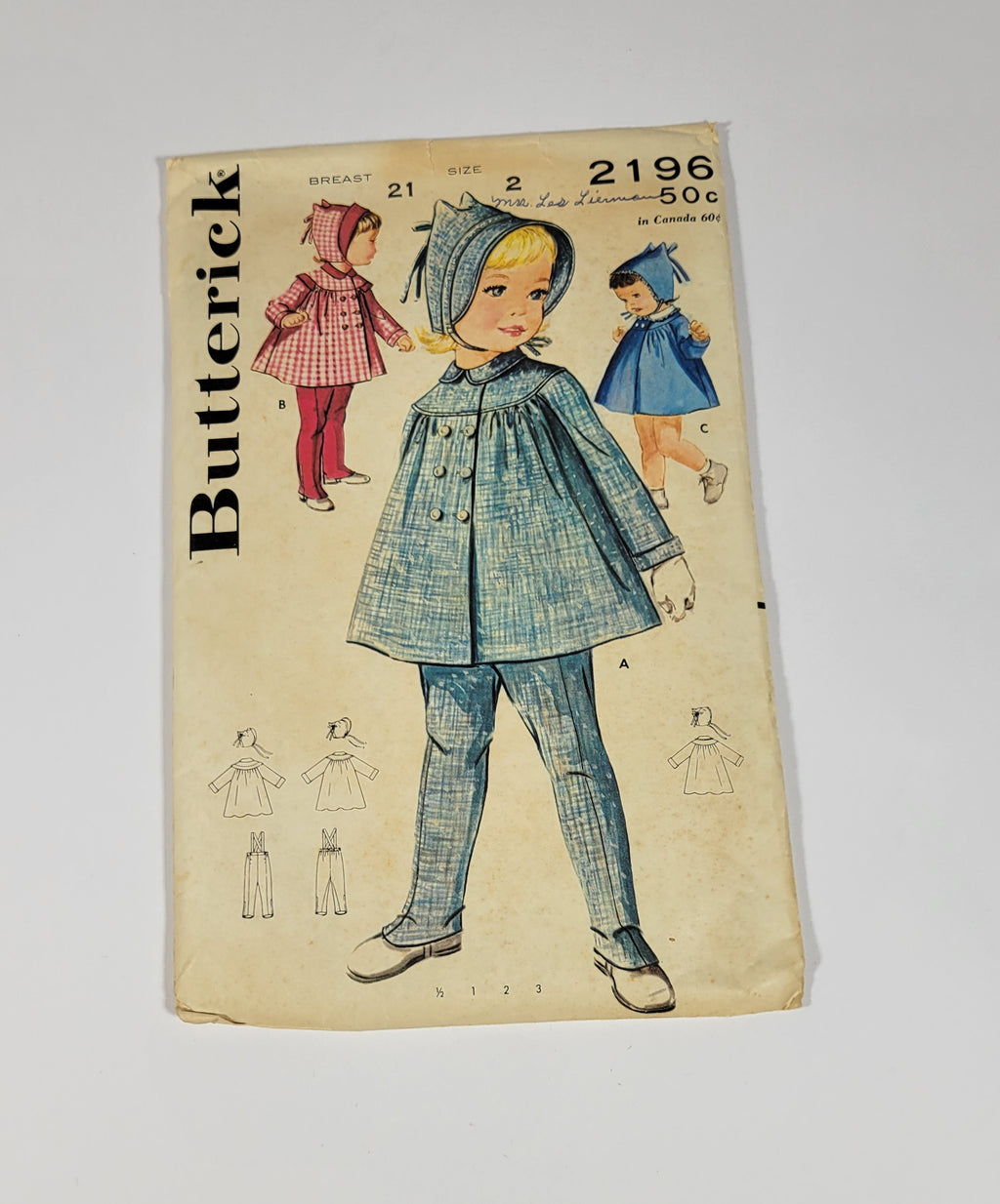 Butterick Pattern 2196, ca 1962. Size 2 Breast 21. Toddler's Coat, Leggings and Hat.