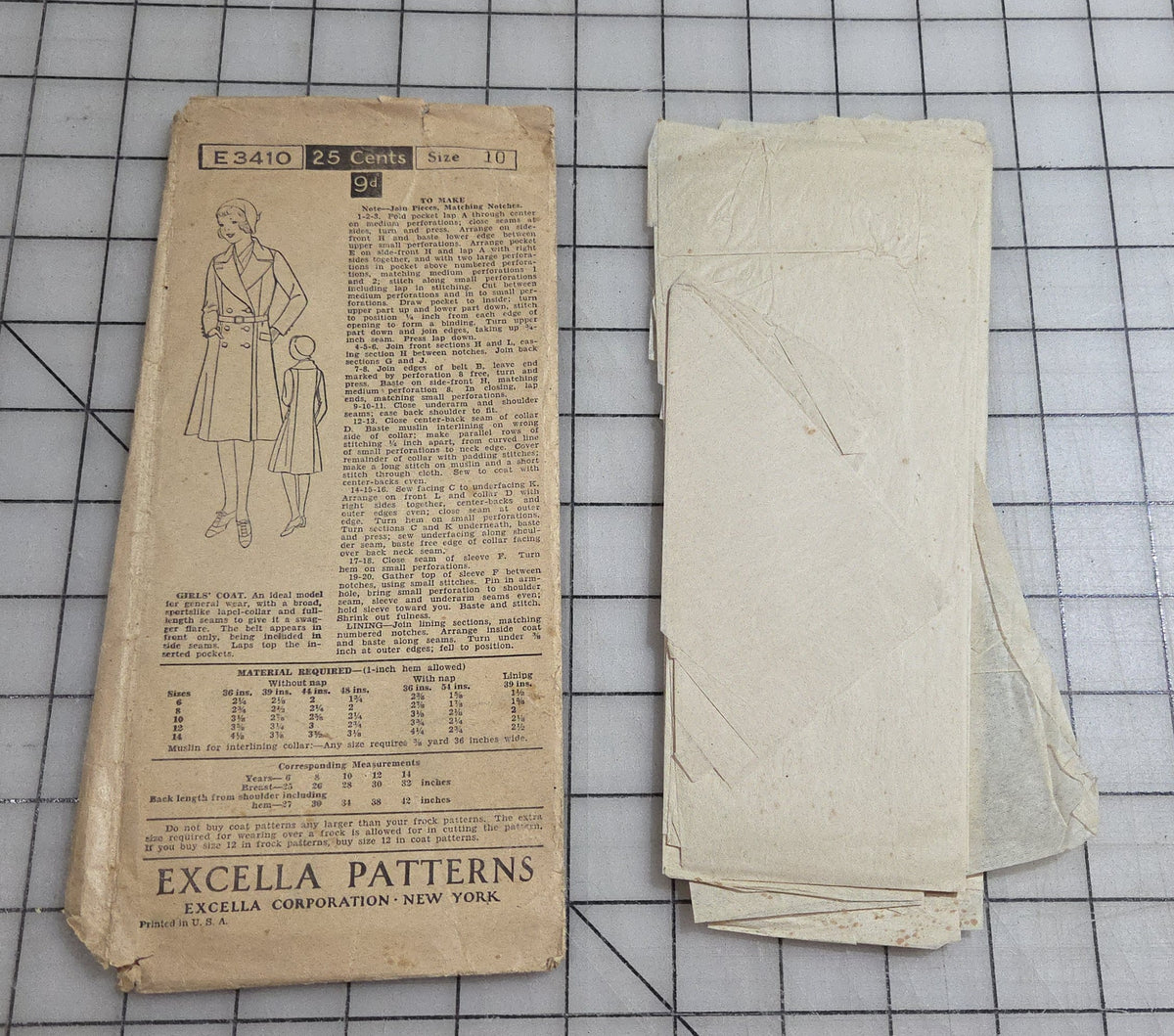 Excella Patterns E3410 Unprinted Girl's Coat Size 10 Sewing 1920s