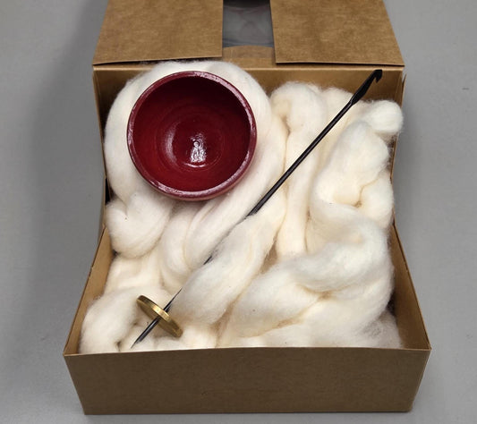 Spin Cotton Fiber Kit. Natural Upland Cotton Sliver. Hand-Painted Wood Support Bowl and Brass Tahkli Spindle. SK43 Red