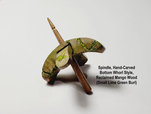 Spindle, Hand-Carved Bottom Whorl Style, Reclaimed Mango Wood (Small Lime Green Burl)