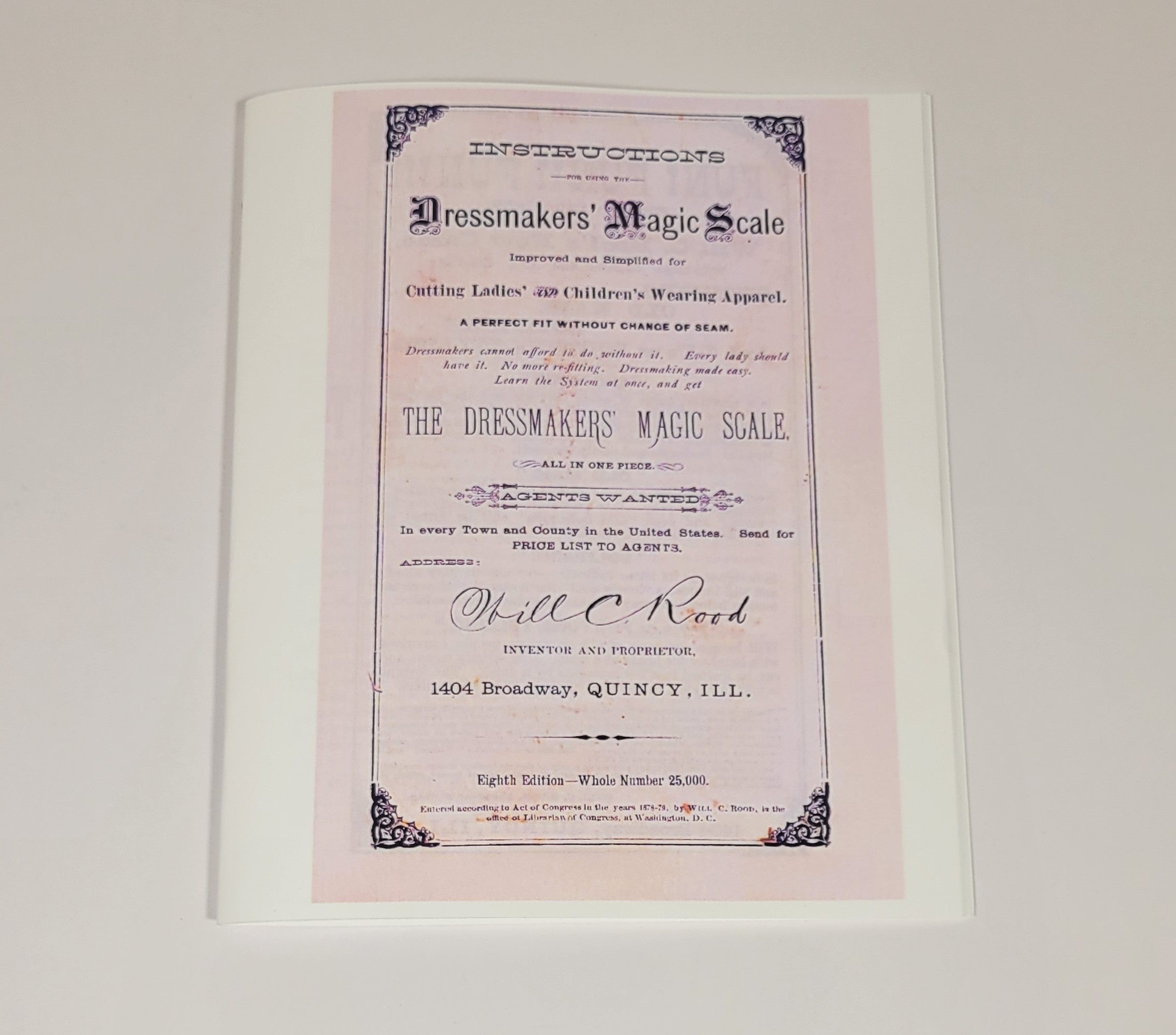 Instructions for Using the Dressmakers' Magic Scale, 1881 8th Edition. Ruler and Curvature. Published by Will C. Rood. Reprint