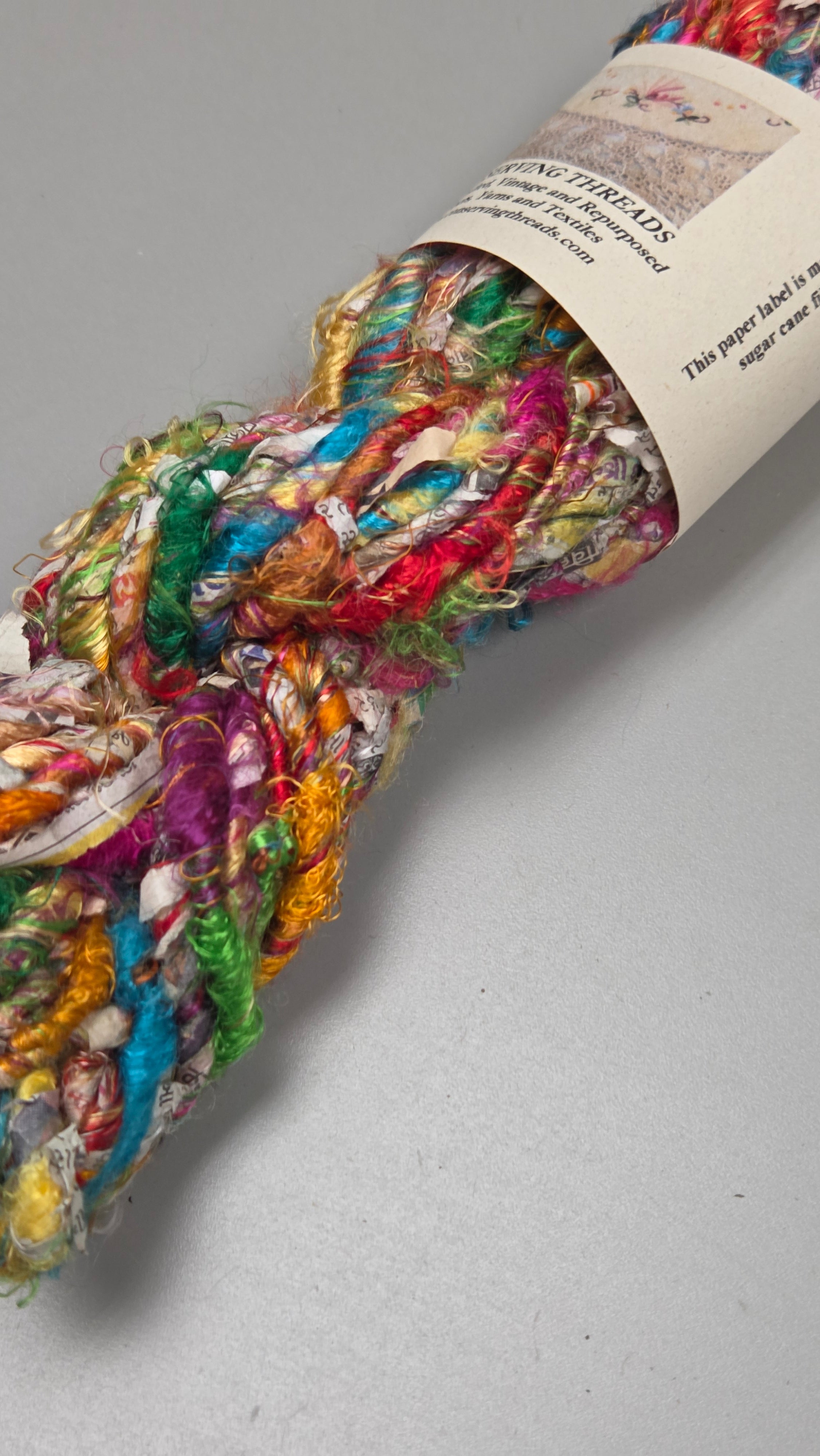 Rainbow Silk and Reclaimed Paper Yarn Skein. Approx. 15 Yards , Newspaper