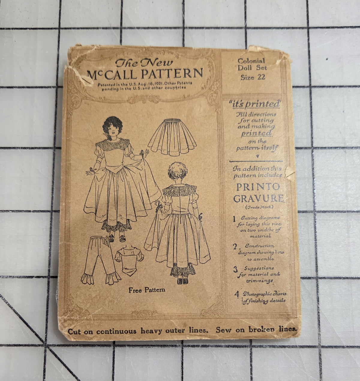 1921 McCall Doll Pattern Colonial Set Size 22 Dress Drawers Sew Clothes Printed