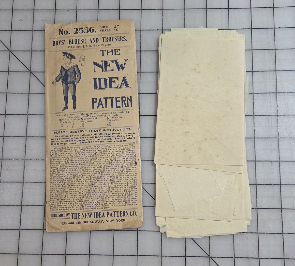 New Idea Pattern No. 2536 Boy's Blouse Trousers Years 10 Chest 27 1890s Sewing