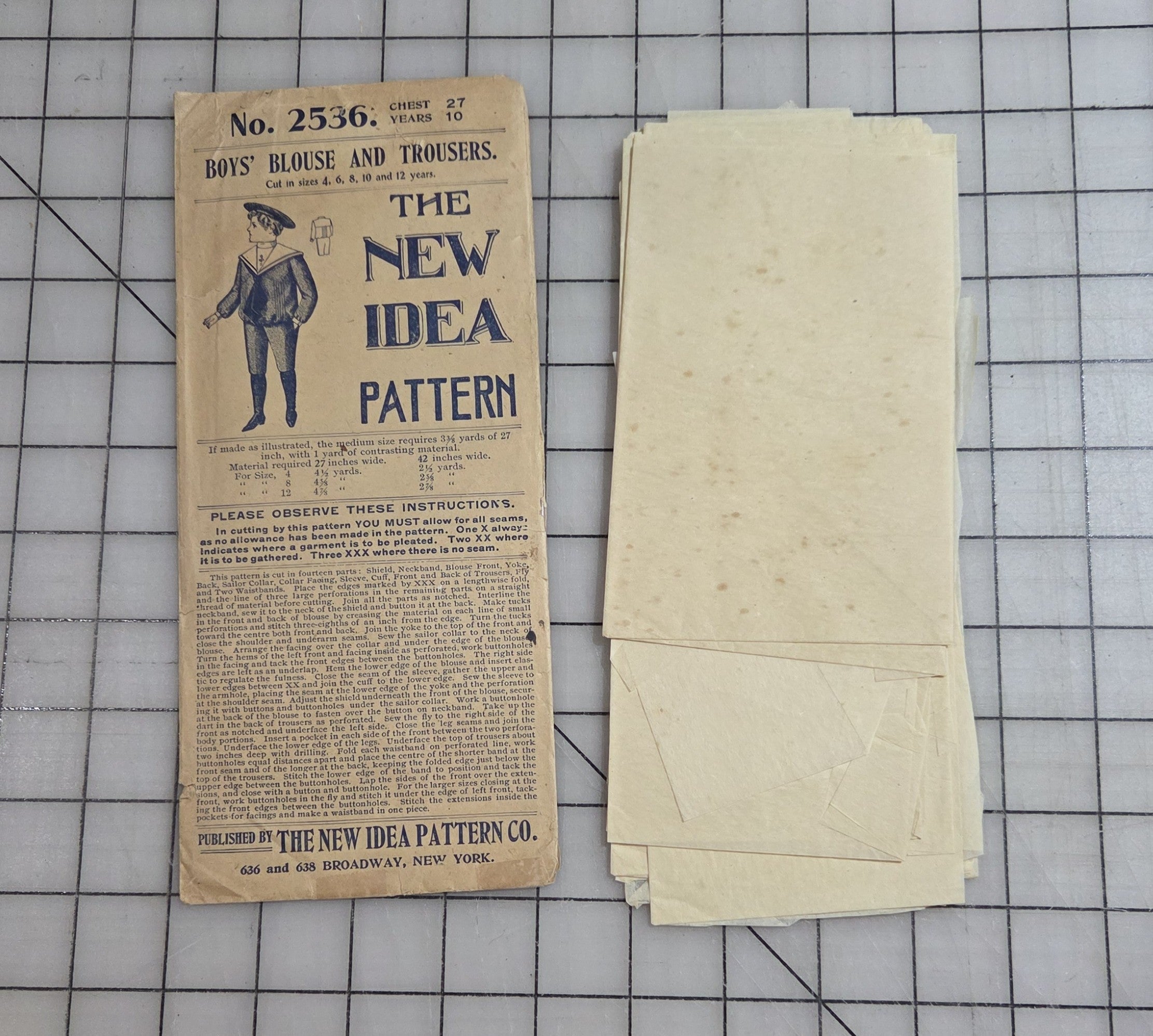 New Idea Pattern No. 2536 Boy's Blouse Trousers Years 10 Chest 27 1890s Sewing
