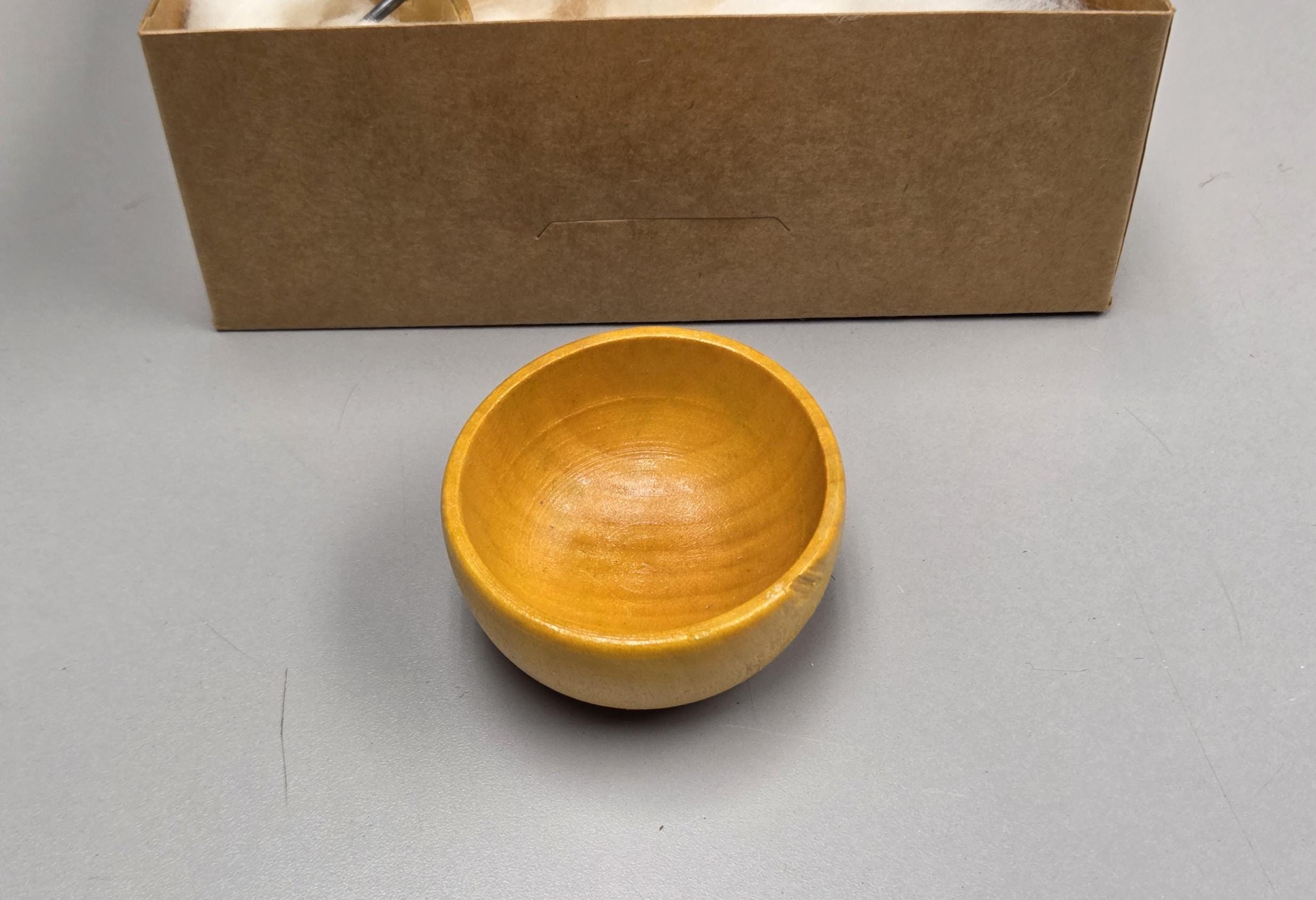 Spin Cotton Fiber Kit. Natural Upland Cotton Sliver. Hand-Painted Wood Support Bowl and Brass Tahkli Spindle. SK12 Yellow