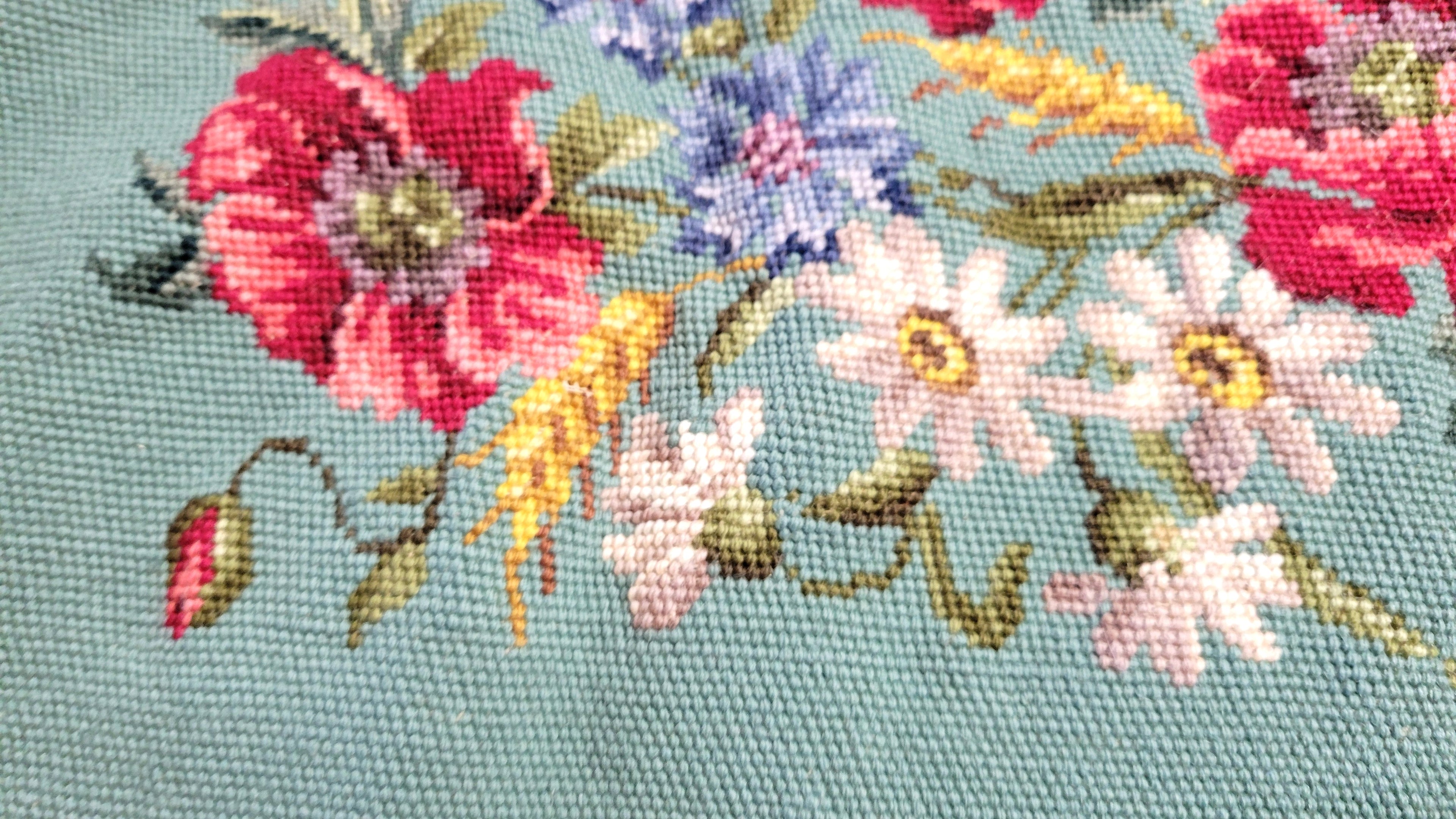 Vintage Textile Needlepoint Seat Cover Unblocked Blue Floral 44"x21.5"