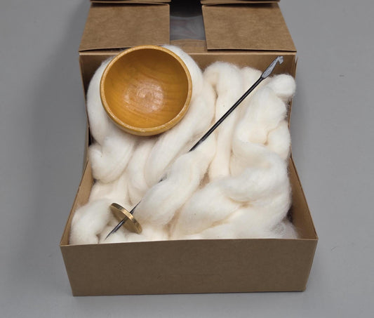 Spin Cotton Fiber Kit. Natural Upland Cotton Sliver. Hand-Painted Wood Support Bowl and Brass Tahkli Spindle. SK12 Yellow