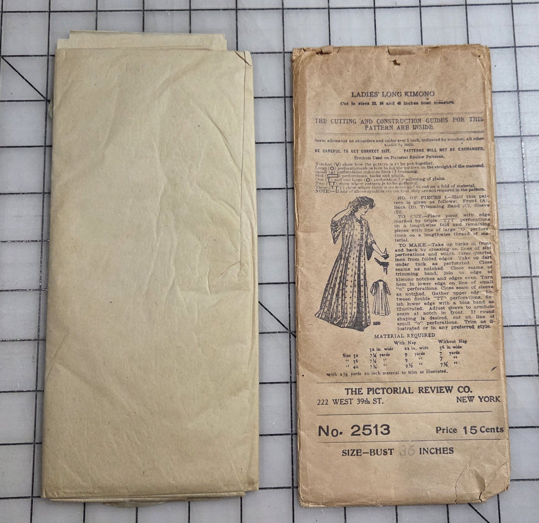 Ladies Long Kimono 2513 Pictorial Review Co Bust 36 Inch Robe 1900's Sew Pattern