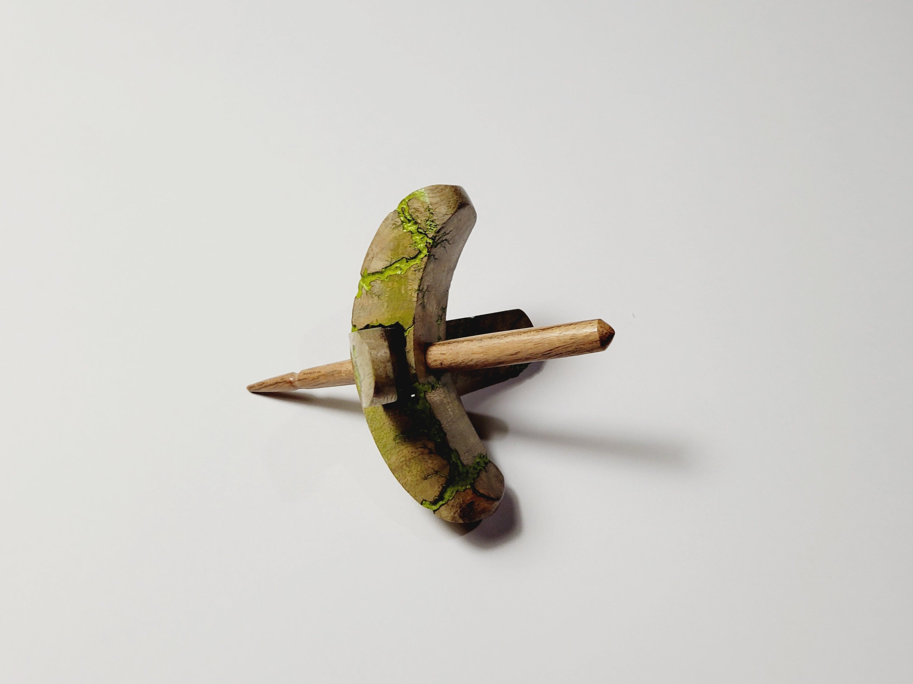 Spindle, Hand-Carved Bottom Whorl Style, Reclaimed Mango Wood (Small Lime Green Burl)