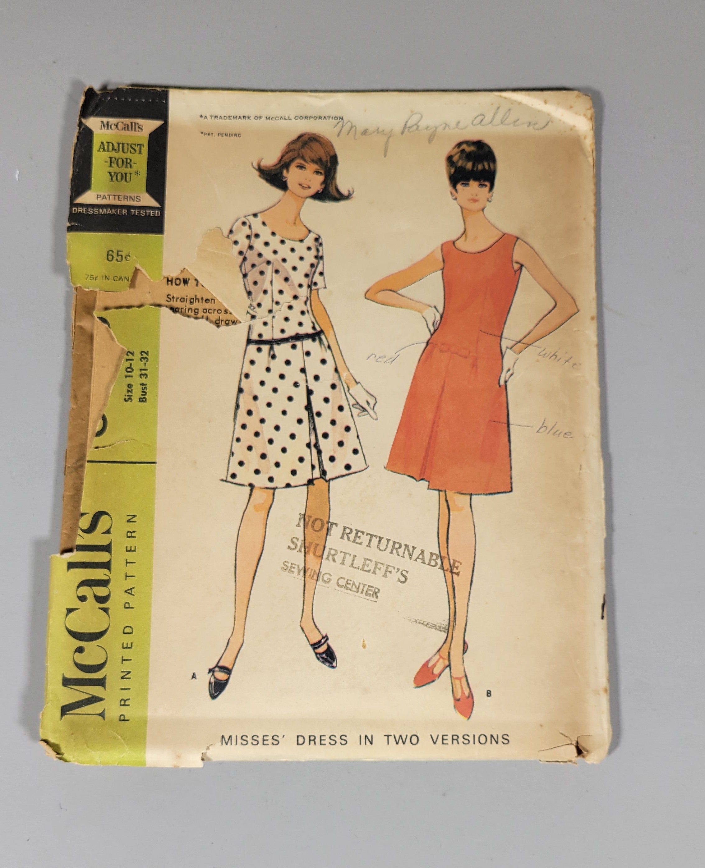 McCall's 8253 ca 1966. Size 10-12 Bust 31-32. Low waisted dress