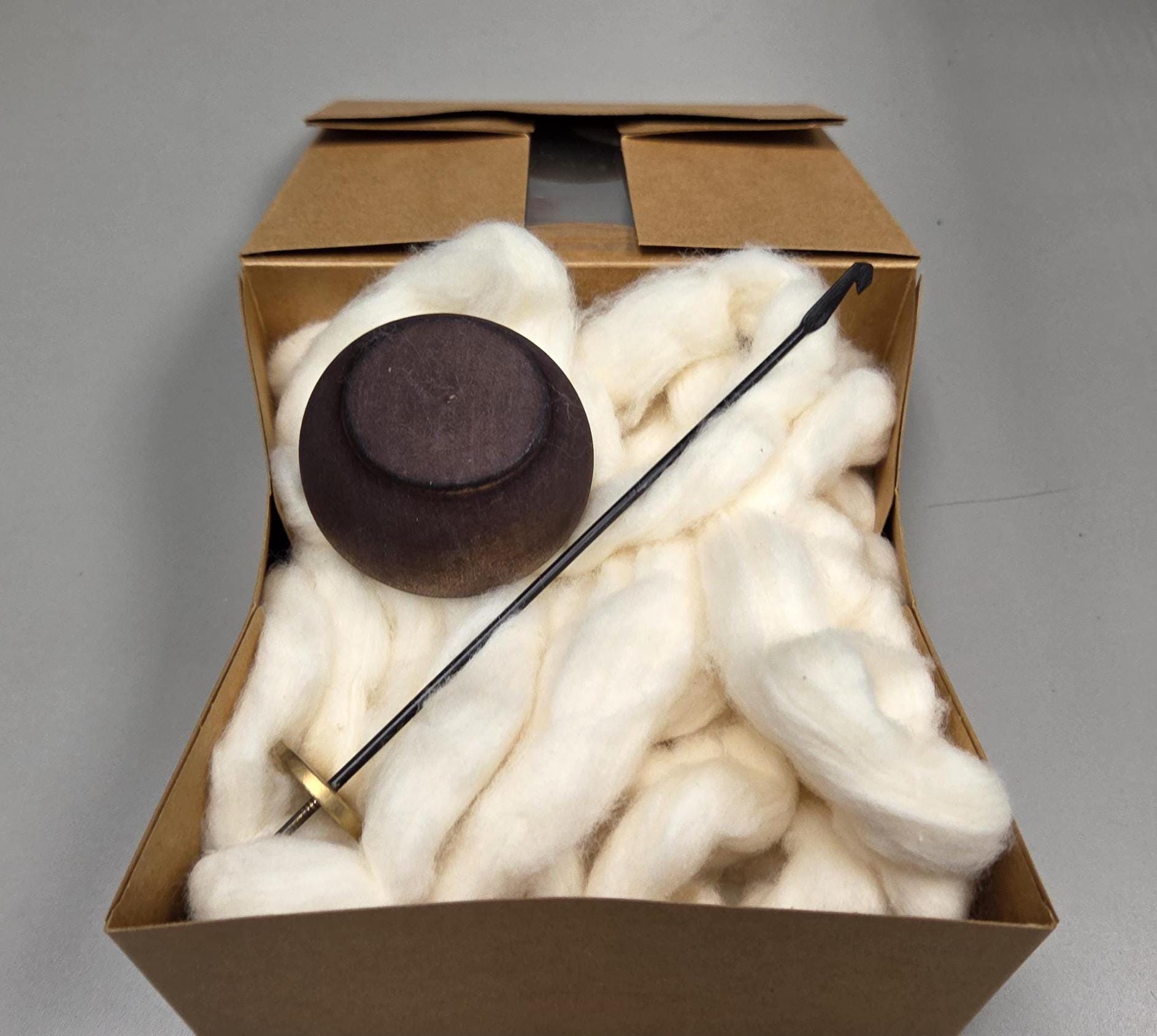 Spin Cotton Fiber Kit. Painted Wood Support Bowl & Brass Thakli Spindle. Brown