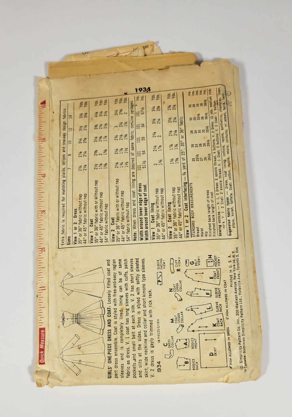 Simplicity Pattern 1934, ca 1956. Girl Size 8. Girl's One-Piece Dress and Coat.