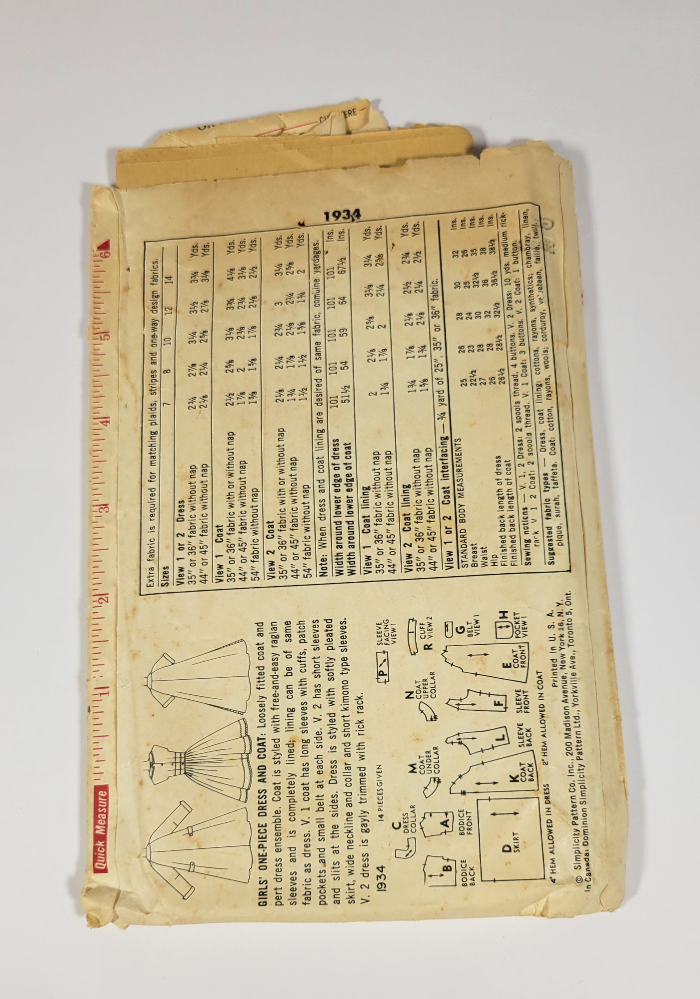 Simplicity Pattern 1934, ca 1956. Girl Size 8. Girl's One-Piece Dress and Coat.