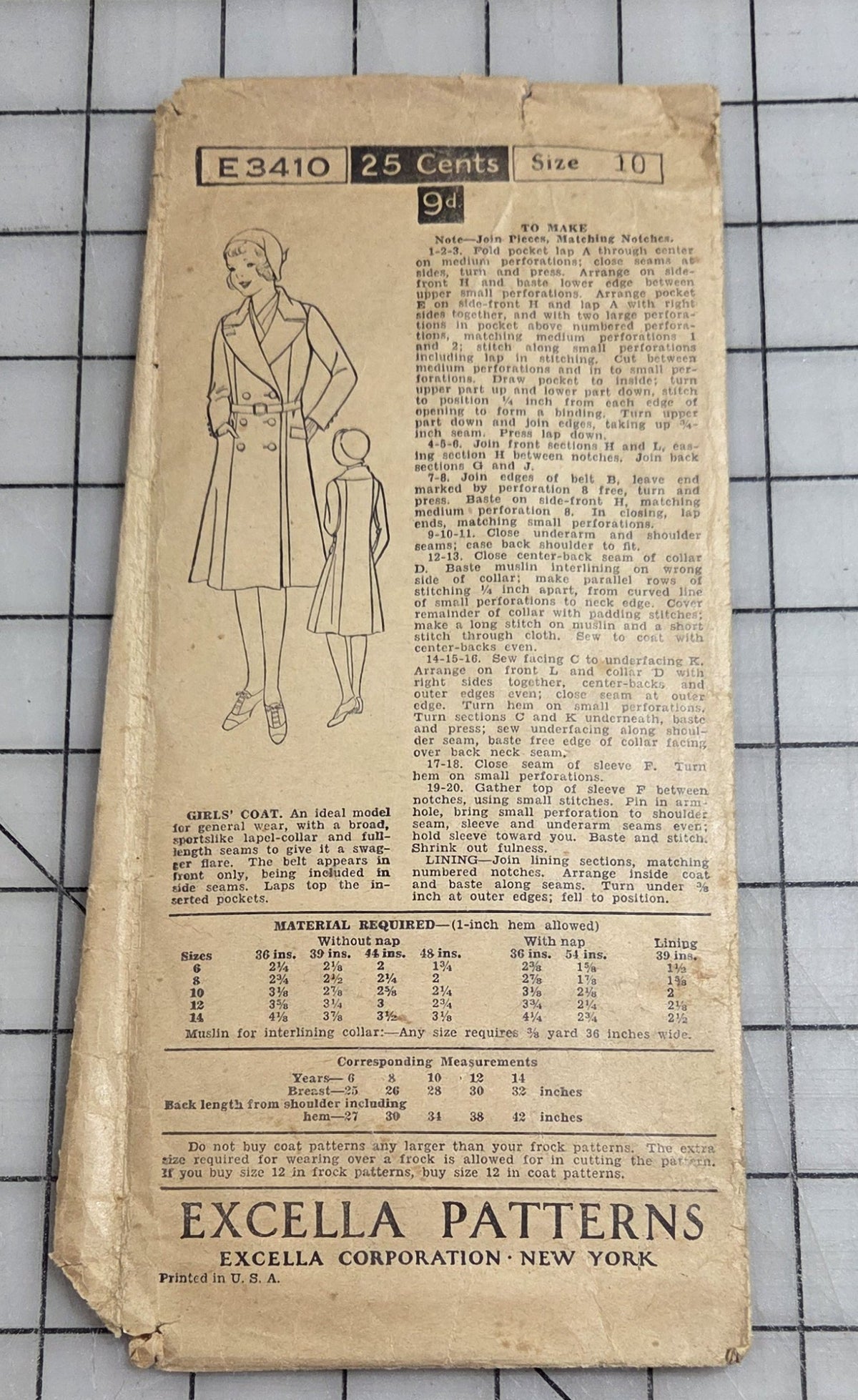 Excella Patterns E3410 Unprinted Girl's Coat Size 10 Sewing 1920s