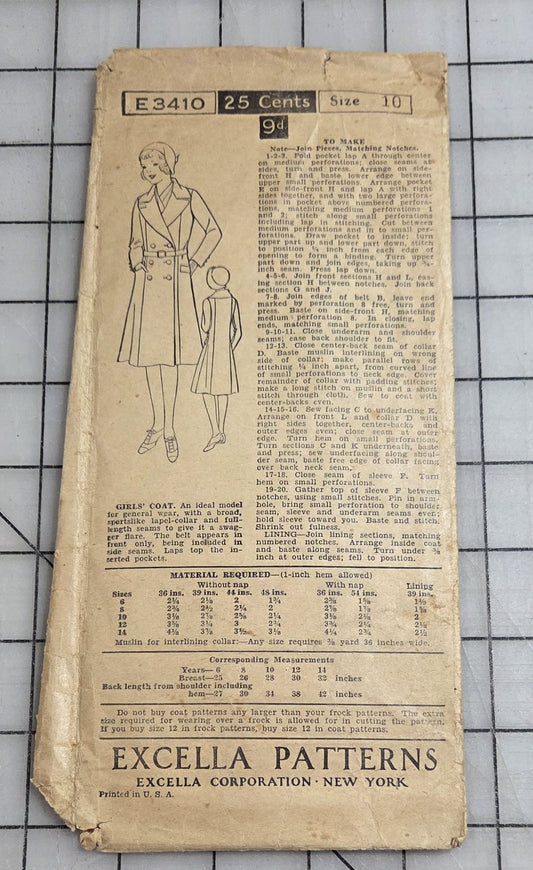 Excella Patterns E3410 Unprinted Girl's Coat Size 10 Sewing 1920s