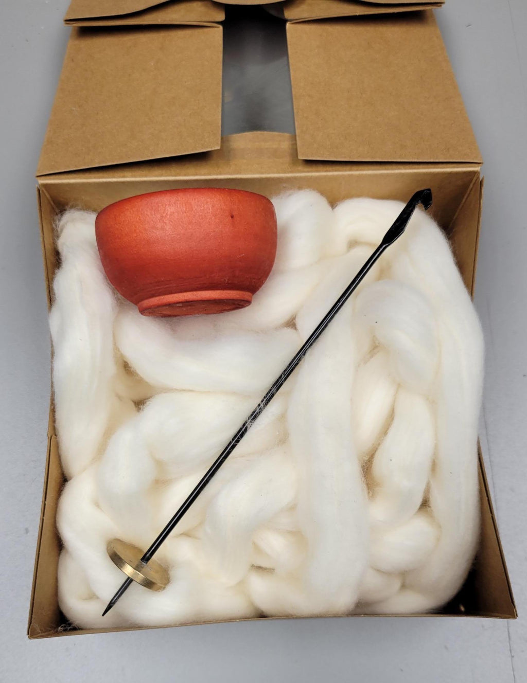 Spin Cotton Fiber Kit. Natural Upland Cotton Sliver. Hand-Painted Wood Support Bowl and Brass Tahkli Spindle. SK39