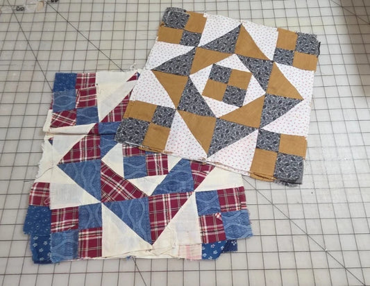 8 Vintage Patch Quilt Blocks Unfinished Squares. 1900s - 1930s Red Blue Brown