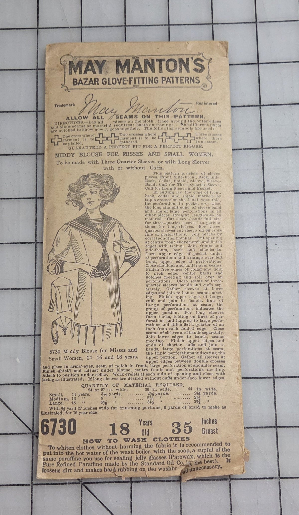 May Manton 6730 Middy Blouse Sewing Pattern 1910's Unprinted Bazar Glove