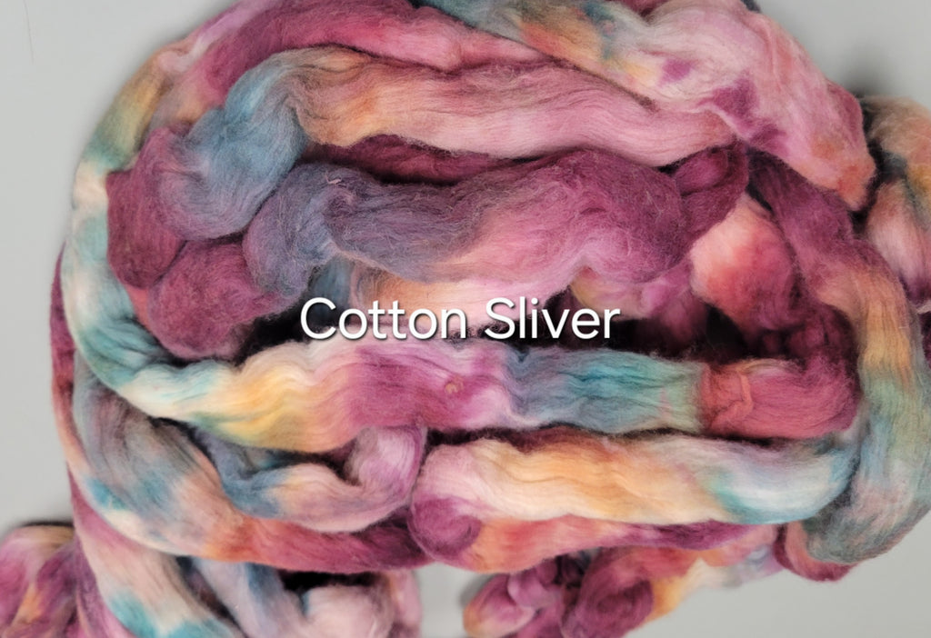 Cotton, 1/2 oz (0.5 ounce) Dyed Conventional Cotton Sliver, Small Batch Studio Dyed (Pink Green 7-25)