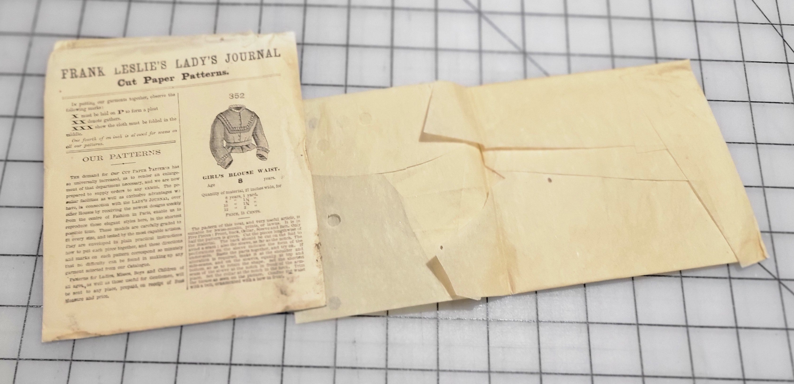 Frank Leslie's Lady's Journal Cut Paper Pattern #352 1870s Girl's Blouse Size 8
