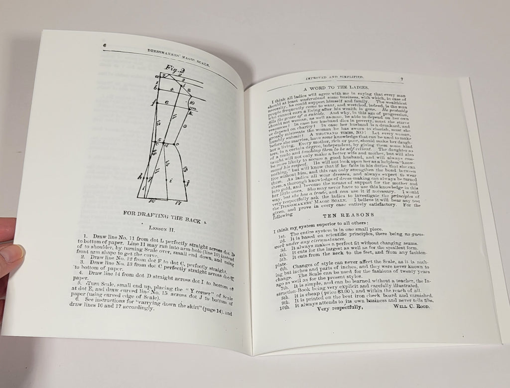 Instructions for Using the Dressmakers' Magic Scale, 1881 8th Edition. Ruler and Curvature. Published by Will C. Rood. Reprint