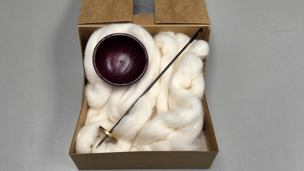 Spin Cotton Fiber Kit. Natural Upland Cotton Sliver. Hand-Painted Wood Support Bowl and Brass Tahkli Spindle. SK8 Red