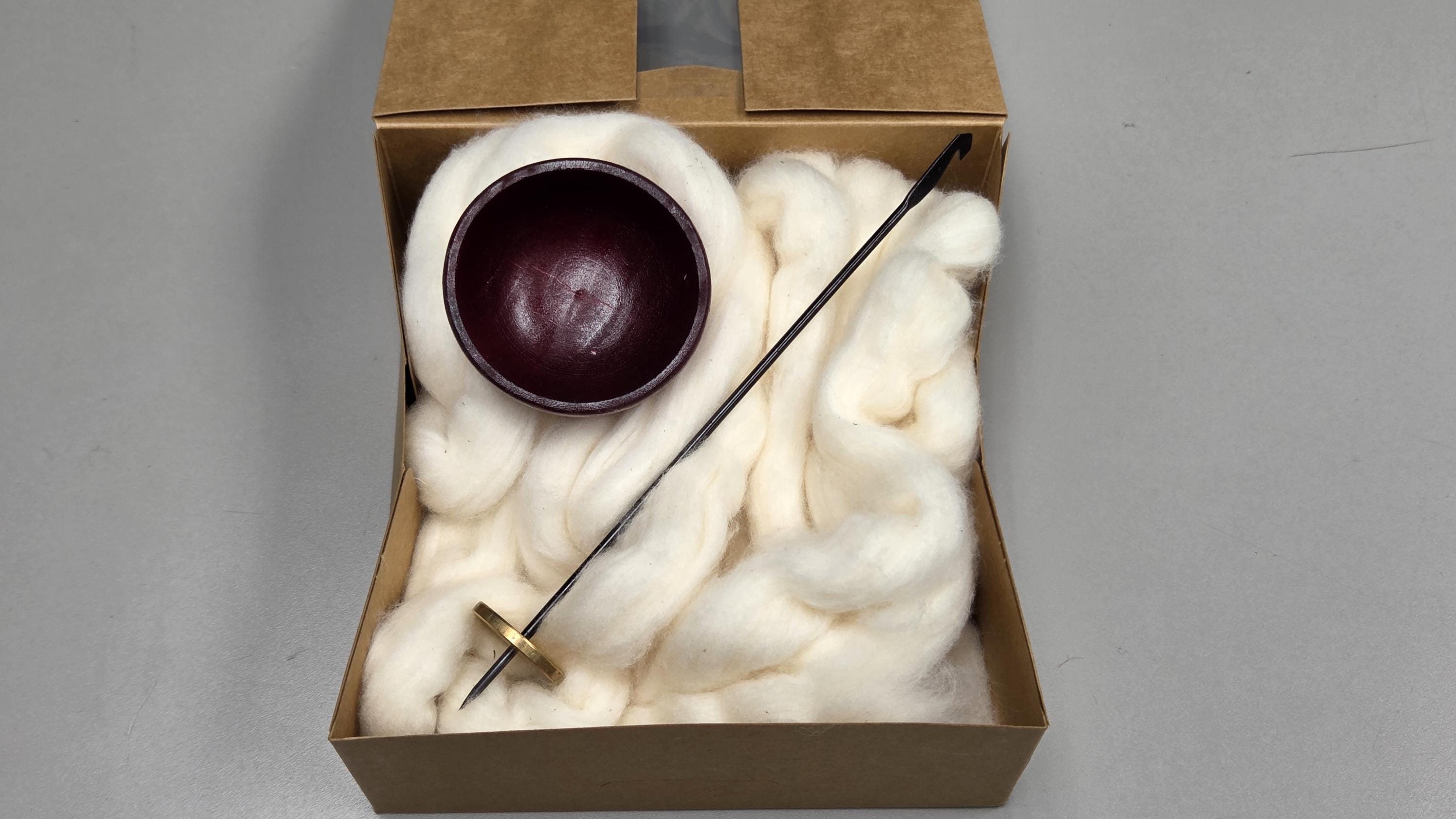 Spin Cotton Fiber Kit. Natural Upland Cotton Sliver. Hand-Painted Wood Support Bowl and Brass Tahkli Spindle. SK8 Red