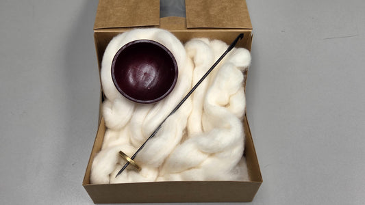 Spin Cotton Fiber Kit. Natural Upland Cotton Sliver. Hand-Painted Wood Support Bowl and Brass Tahkli Spindle. SK8 Red