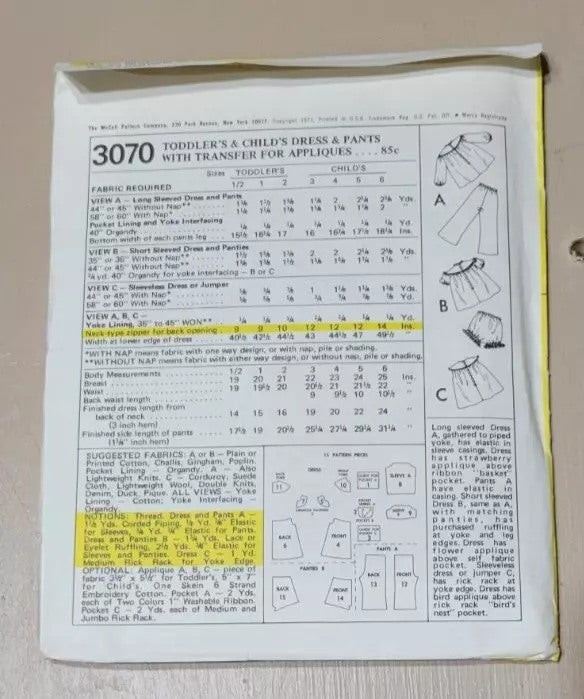 McCall's Pattern 3070 UNCUT, ca 1971