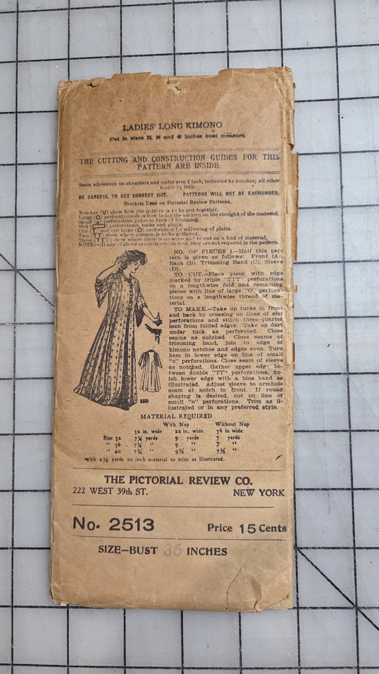 Ladies Long Kimono 2513 Pictorial Review Co Bust 36 Inch Robe 1900's Sew Pattern