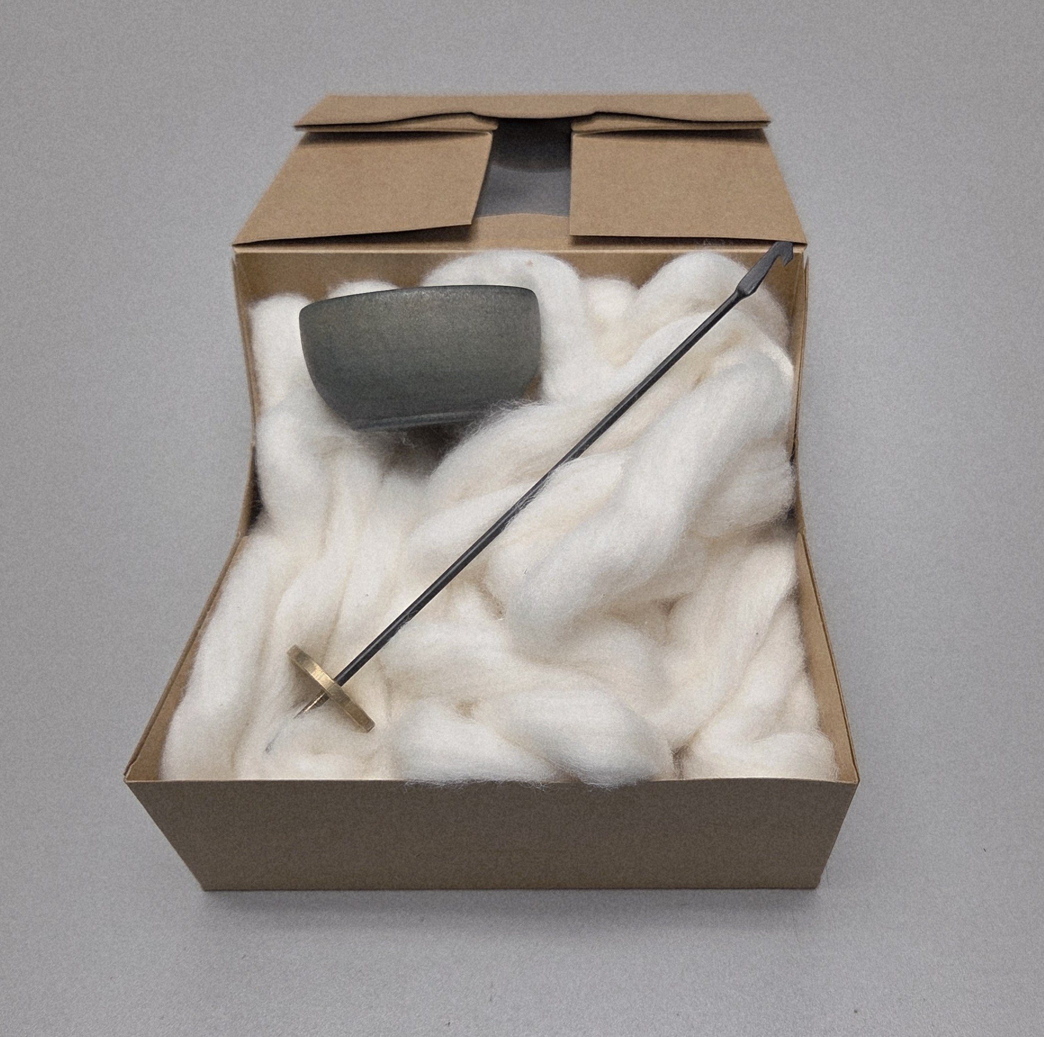 Spin Cotton Fiber Kit. Painted GRAY Wood Support Bowl & Brass Thakli Spindle.