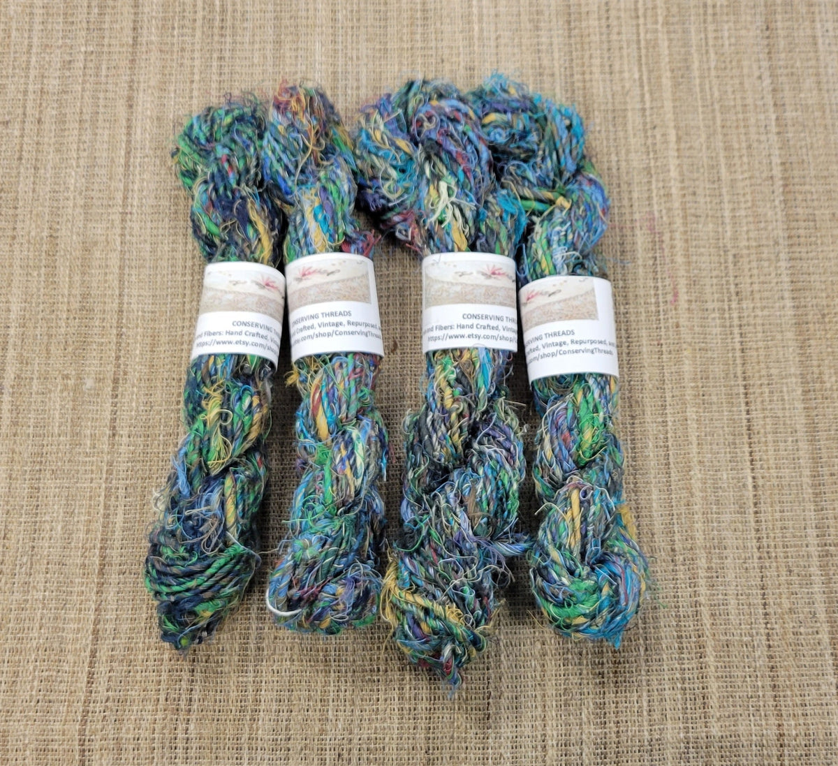 Linen Reclaimed Yarn. Skein Bundle. Set 4 Skeins. Hand-Spun Fibers Upcycled. Art Yarn