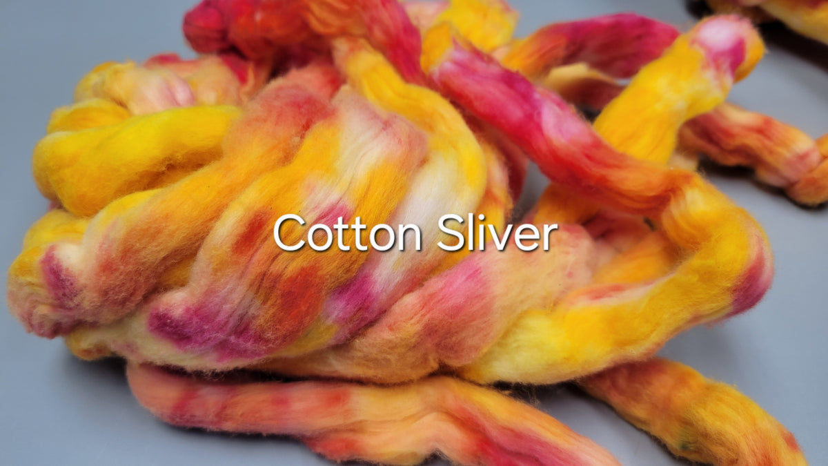 Cotton, 1/2 oz (0.5 ounce) Dyed Conventional Cotton Sliver, Small Batch Studio Dyed (Yellow Pink 7-25)