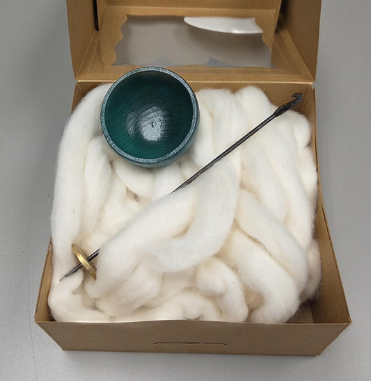 Spin Cotton Fiber Kit. Natural Upland Cotton Sliver. Hand-Painted Wood Support Bowl and Brass Tahkli Spindle. Teal