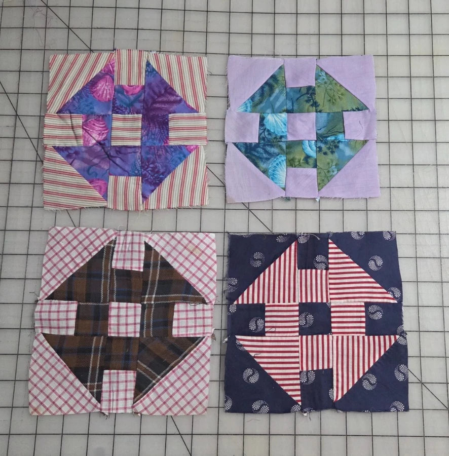 10 Vintage 7" Patch Quilt Blocks Unfinished Squares. 1910s - 1950s Hand Stitched