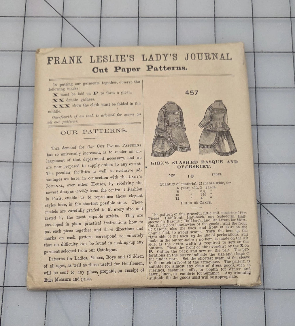 Frank Leslie's Lady's Cut Paper Pattern #457 1870s Girls Basque Overskirt Age 10
