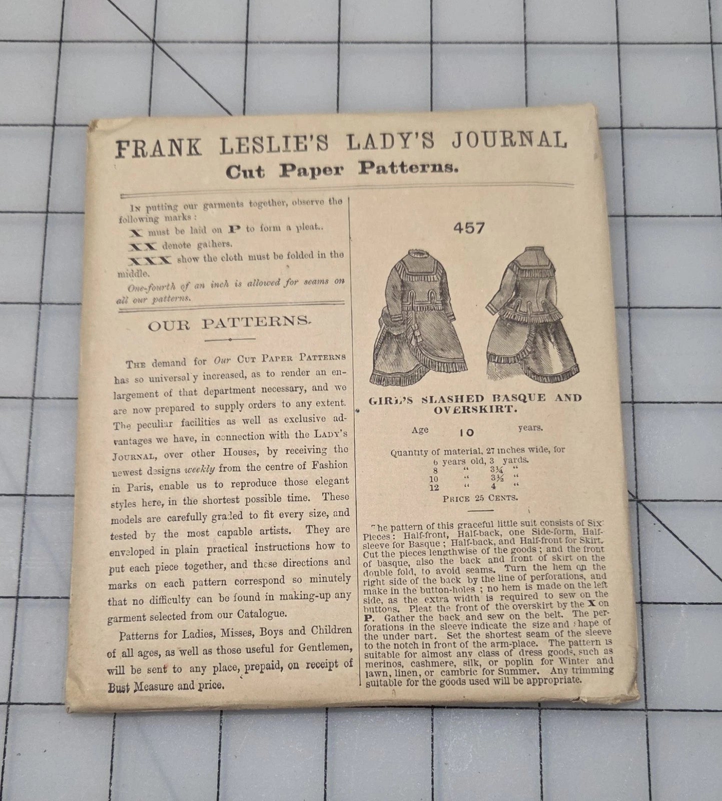 Frank Leslie's Lady's Cut Paper Pattern #457 1870s Girls Basque Overskirt Age 10