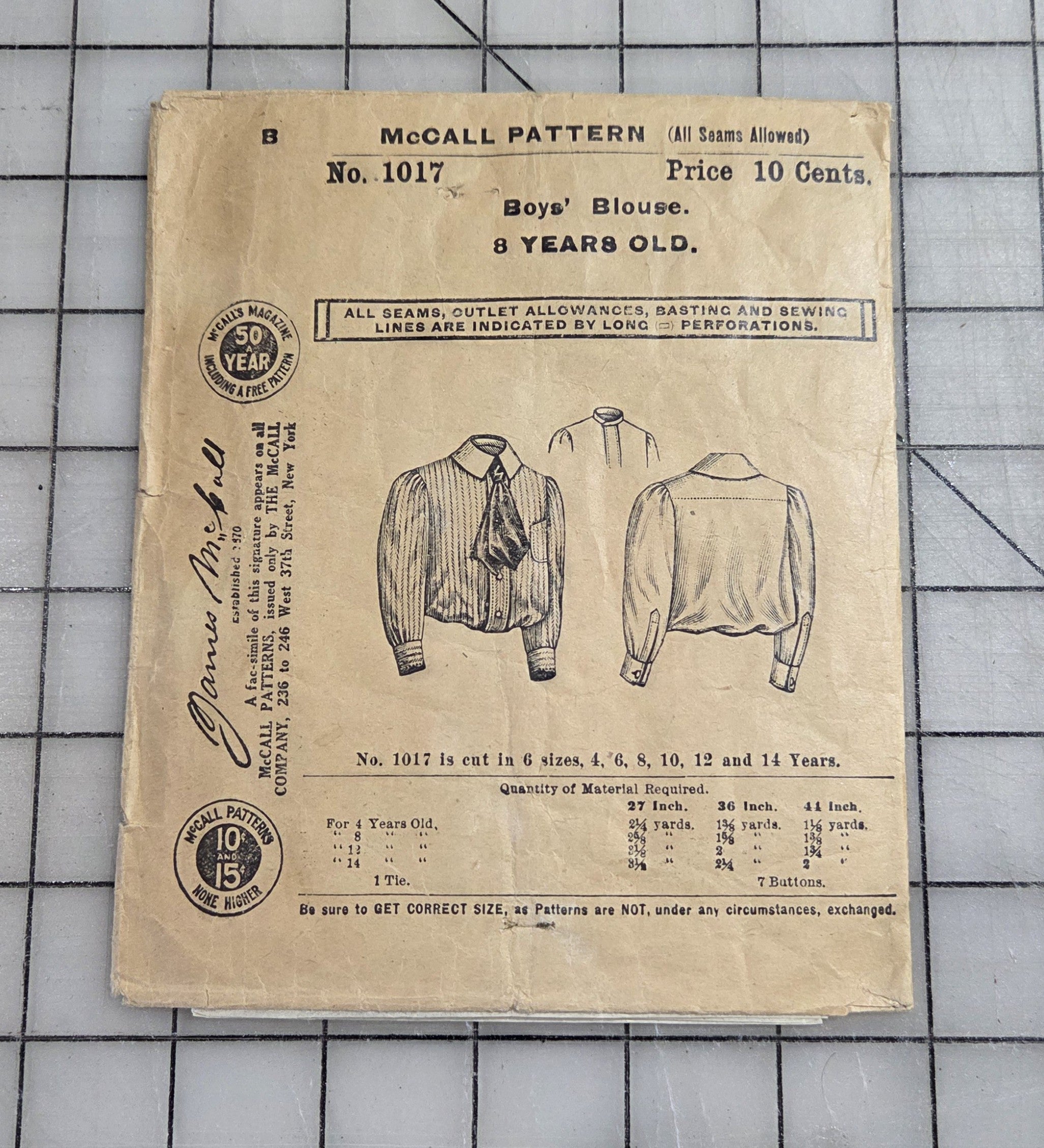 McCall's 1017 Pattern, ca 1900's Boy's Blouse 8 Year Old. Unprinted Factory Fold